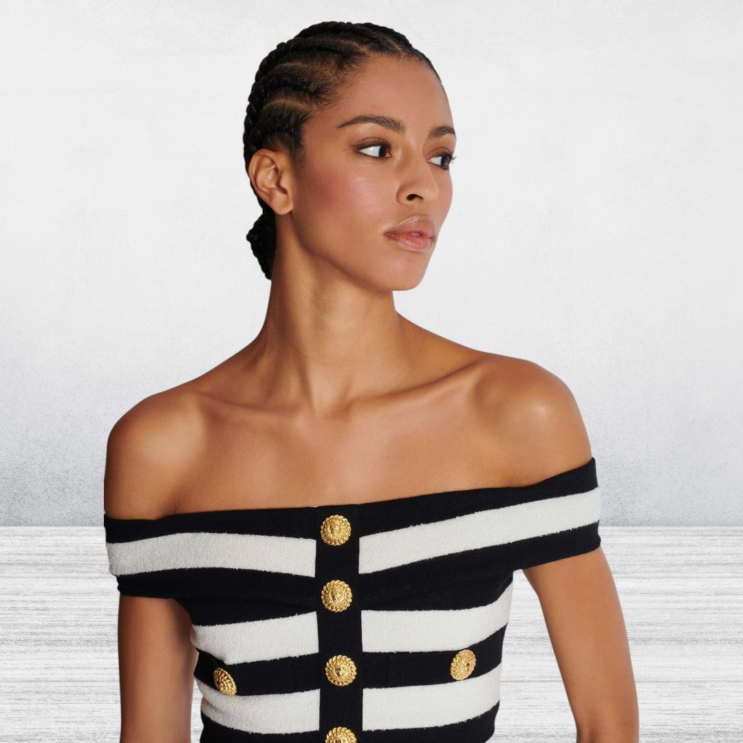 Avere | Women's Elegant Off-Shoulder Striped Co Ord Set